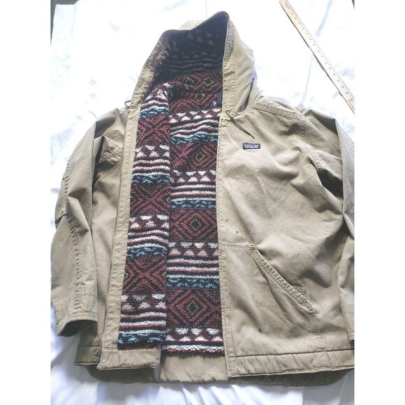 Patagonia Aztec Fleece Lined Khaki Tan Canvas Jacket Men 2XL Workwear Hoodie - Picture 1 of 16